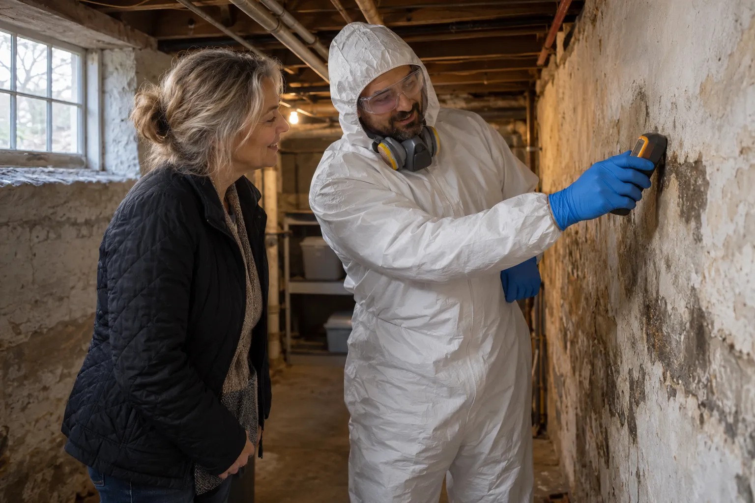 Friendly local provider showing a homeowner a basement wall inspection in an older home in Baltimore