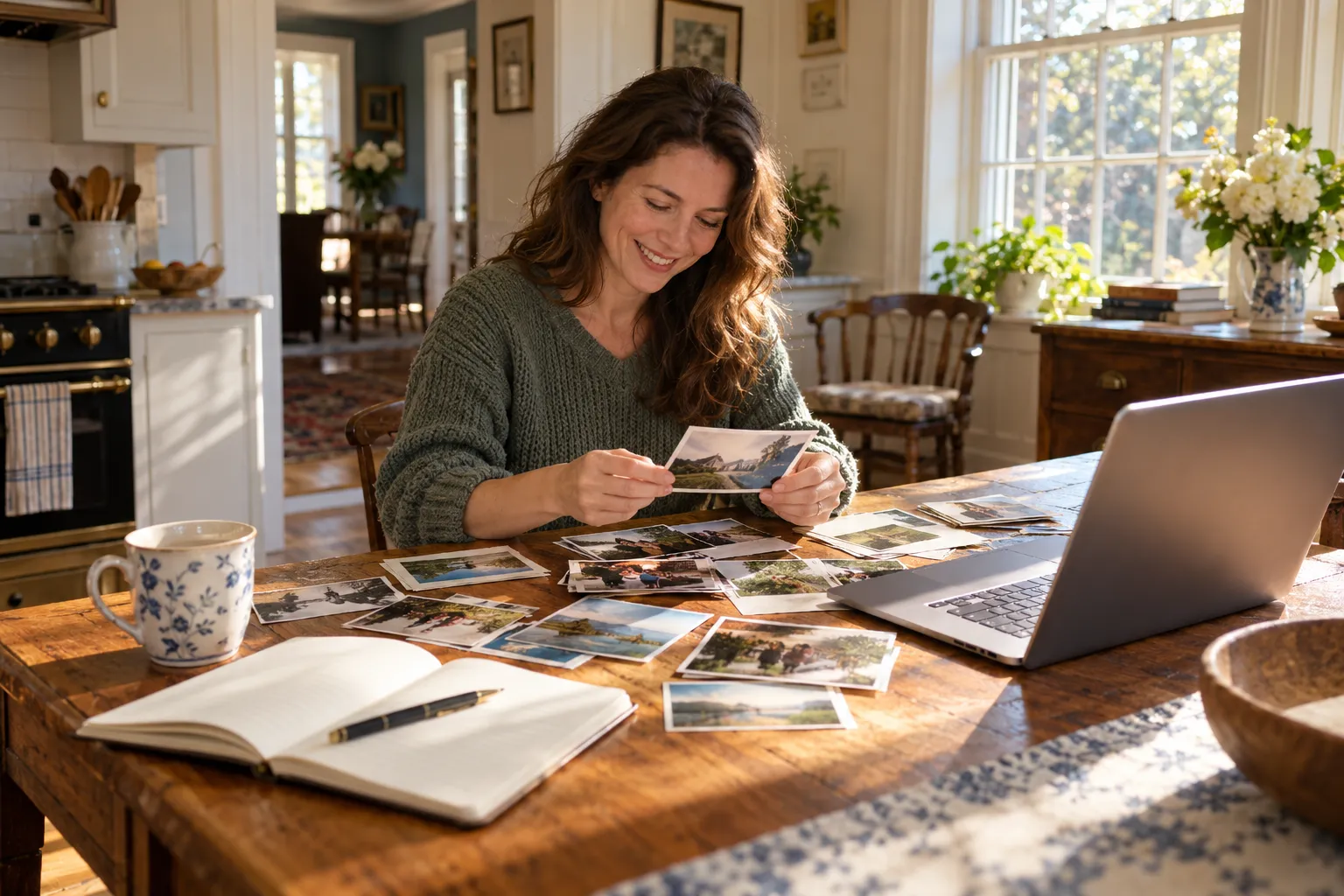 Homeowner organizing mold photos and notes at a kitchen table in the Baltimore area